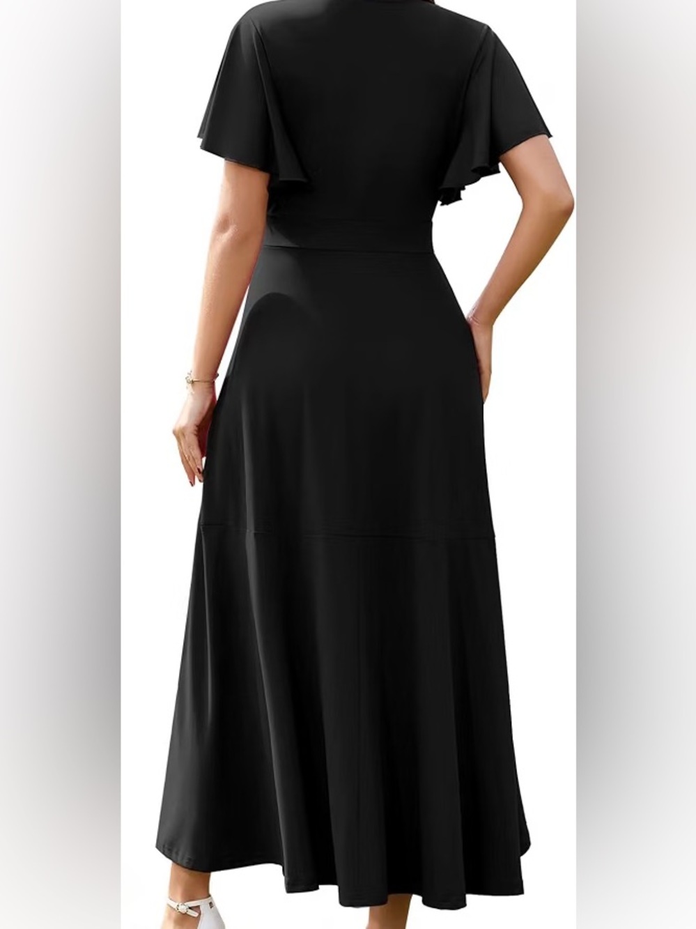 Black Flutter-Sleeve Wrap Midi Dress - Women - Picture 2 of 5